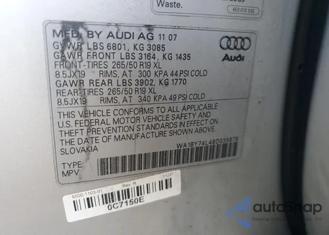 2008 Audi Q7 3.6 Quattro Premium из США, поврежденный, VIN WA1BY74L48D035878